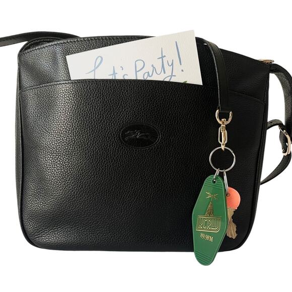 Vintage Longchamp Pebble Leather Bag Crossbody Adjustable Navy Blue Gold France - Picture 1 of 8
